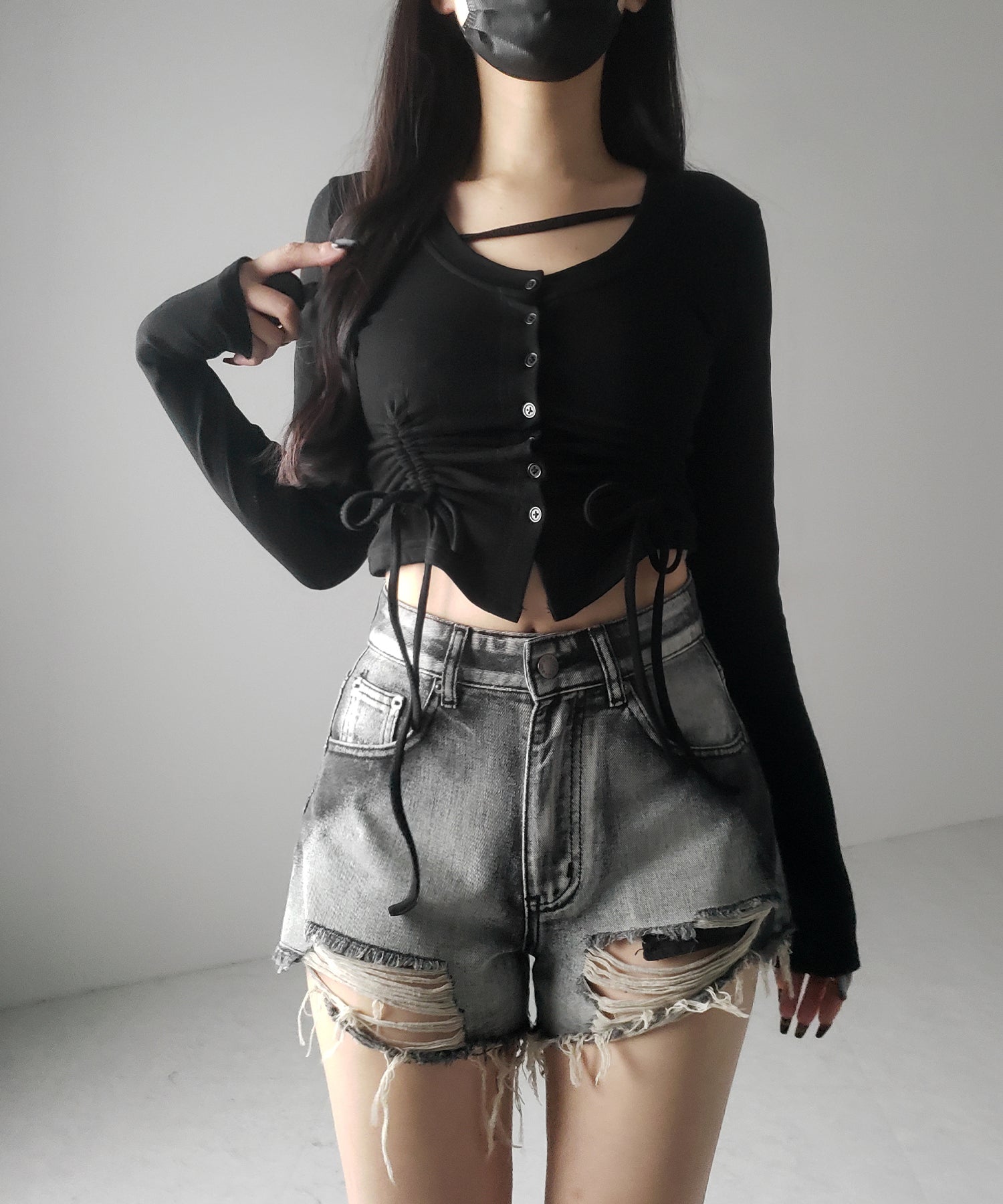 【 2color / 裏起毛 】ナナメストラップダブルシャーリングリボントップス / naname strap double shirring ribbon tops