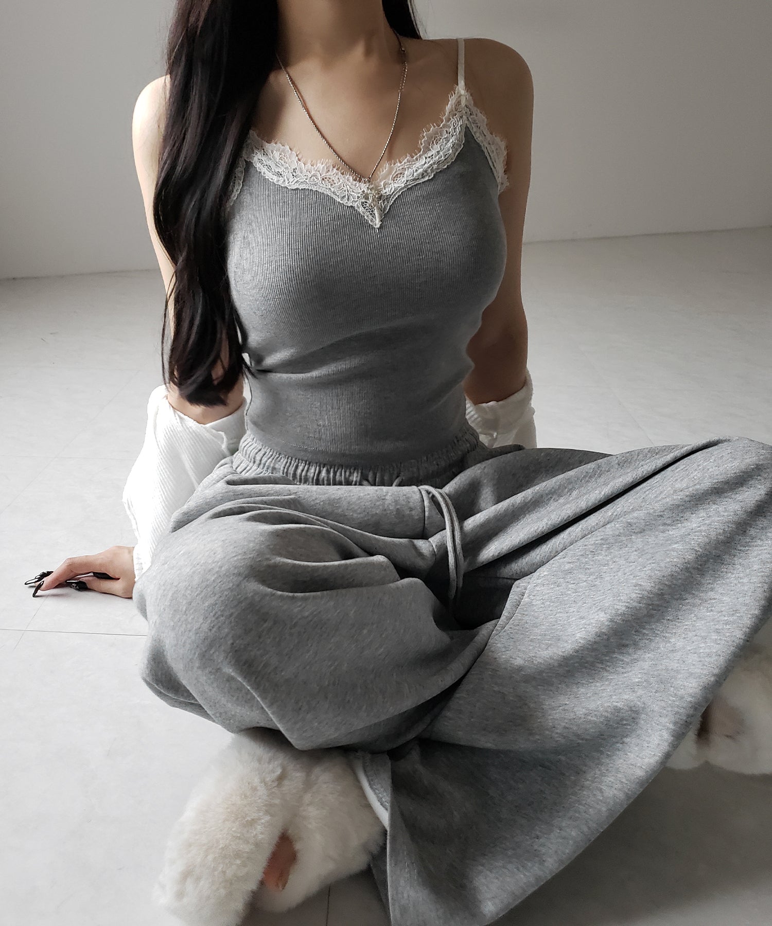 【 カップ付 】レースドッキングリブキャミソール /lace docking ribbed camisole