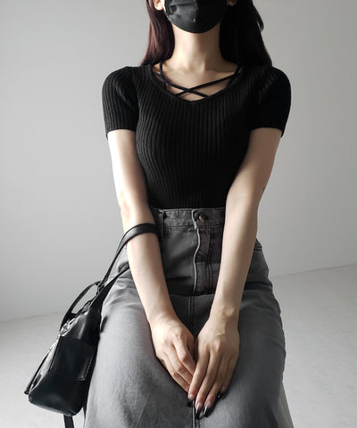 半袖クロスラインストラップデザインリブニット