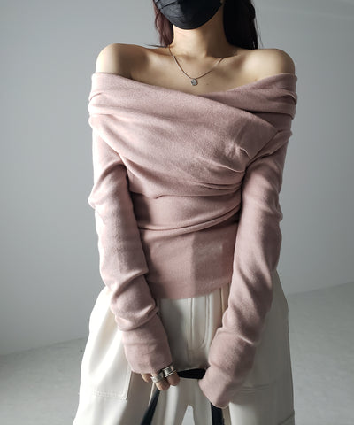 タックデザインドレープオフショルダーリブニット
