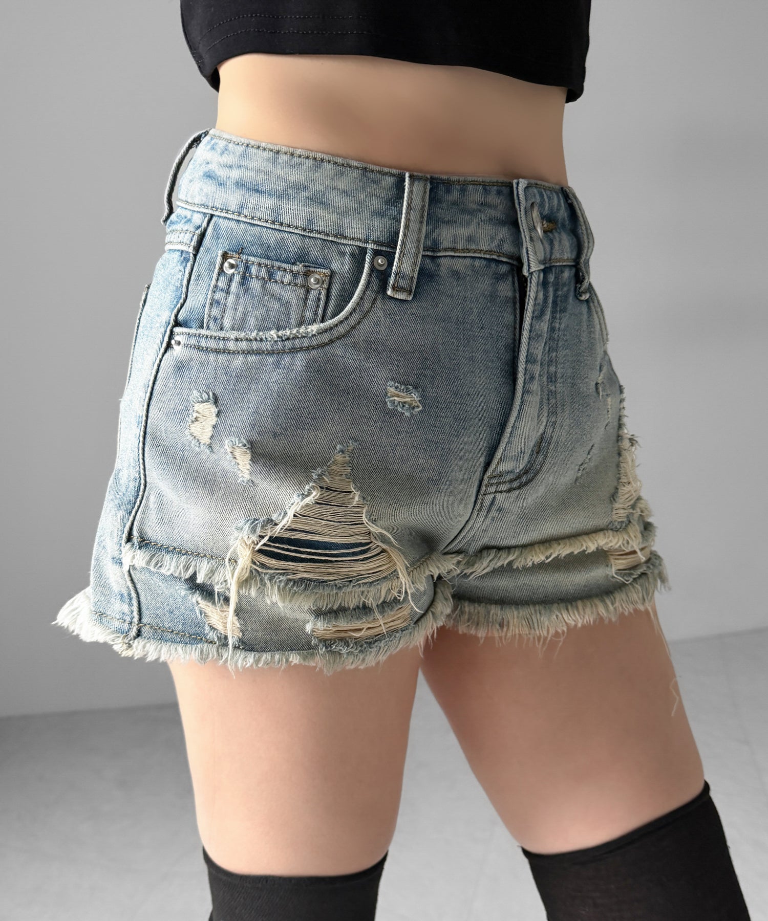 クラッシュダメージダブルフリンジデニムショートパンツ/crash damage double fringe denim short pants