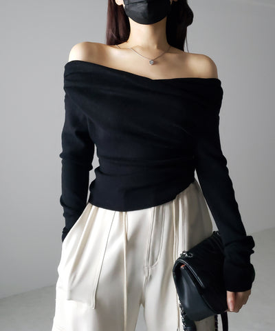 タックデザインドレープオフショルダーリブニット