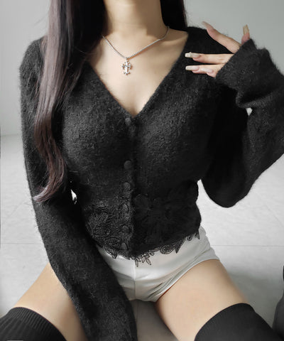 レースドッキングモヘアライクニットカーディガン / Lace docking mohair-like knit cardigan