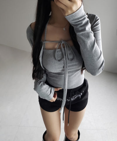 【 2点セット 】フロントリボン長袖ショートカーディガン+ ホルターキャミソール SET / front ribbon longsleeve short cardigan + halter camisole SET