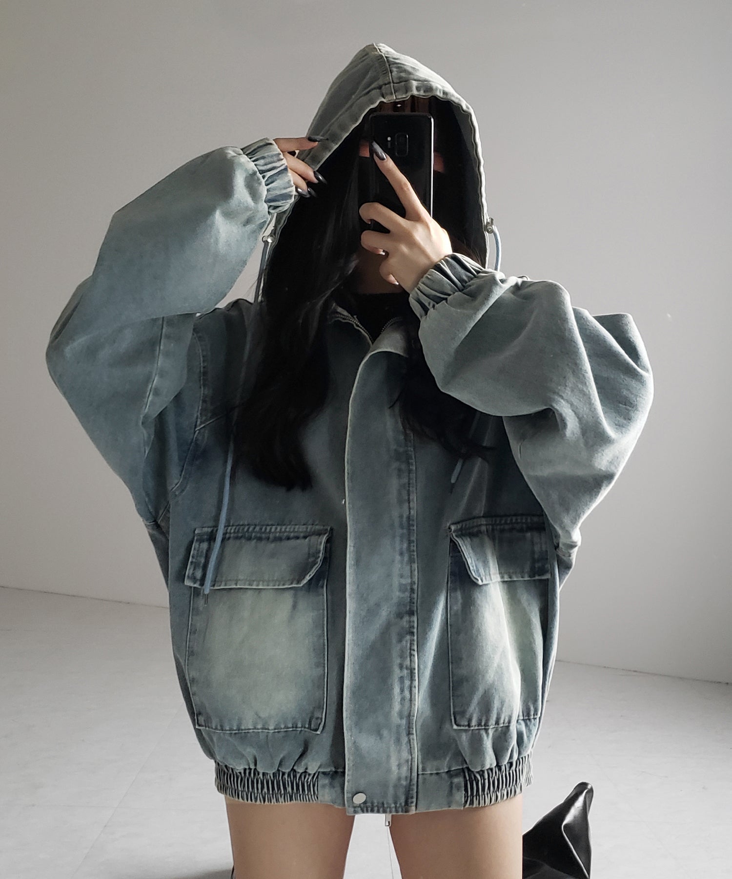 【 2color 】ヴィンテージデニムダブルジップフードブルゾン / vintage denim double zip hoodie blouson