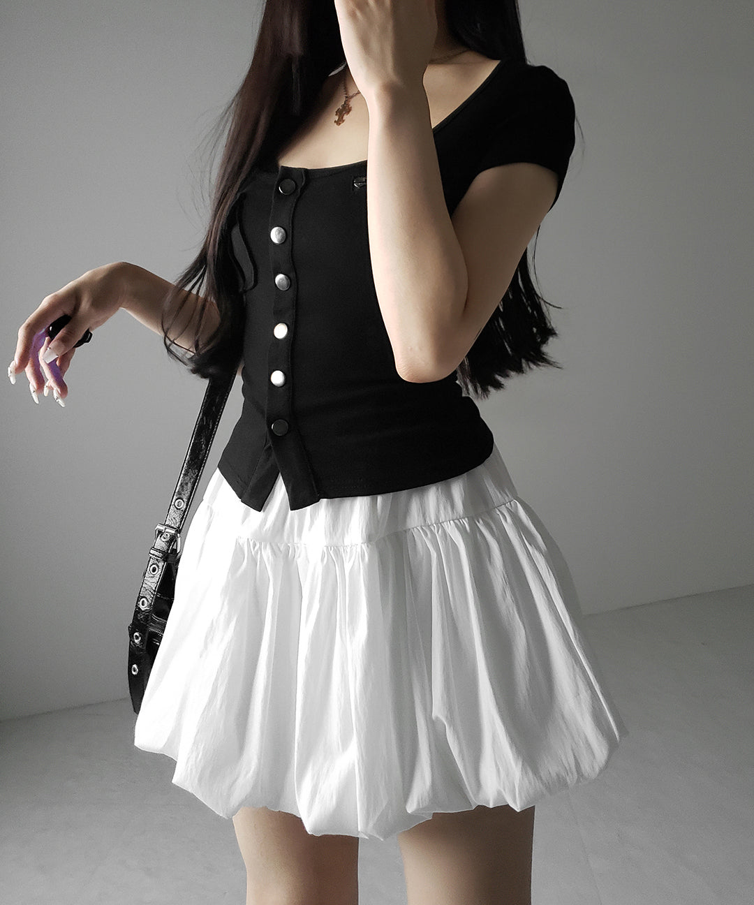 【 2color /インパン裏地付き 】ティアードコットンバルーンミニスカート / tiered cotton balloon mini skirt