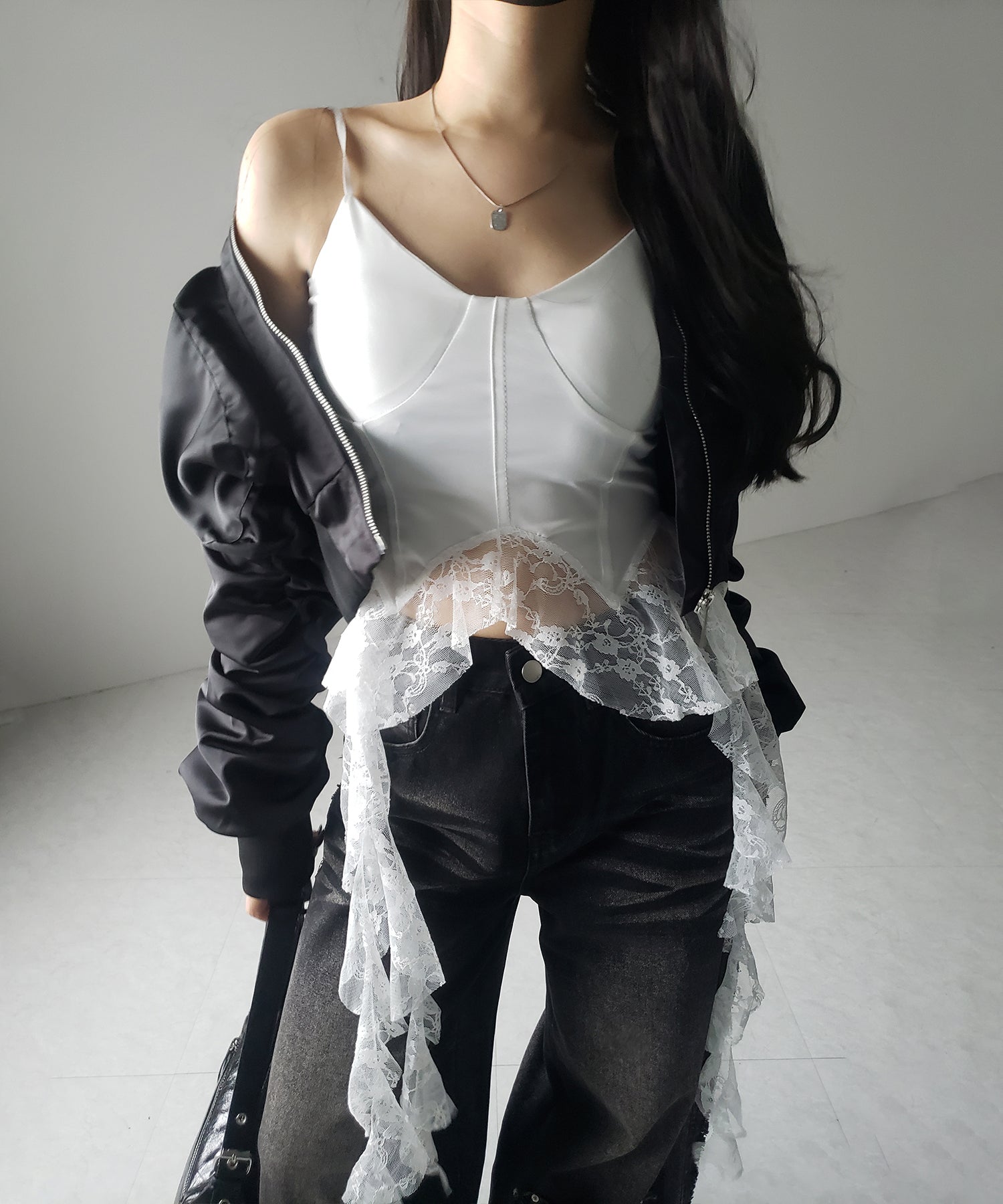 【 2color 】レースフリルレイヤードビスチェキャミソール / lace frill layered bustier camisole