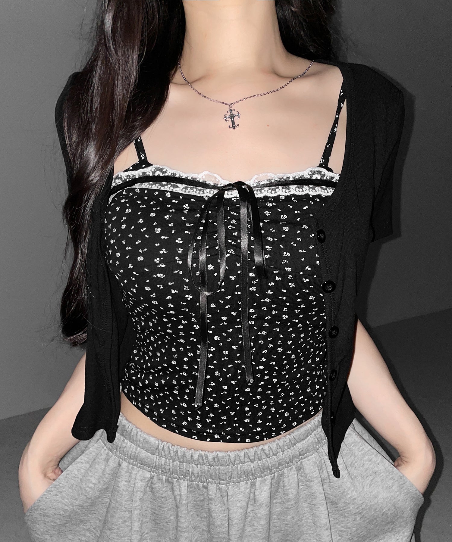 【 2点セット 】小花柄レースリボンキャミソール + カーディガンセット / mini flower lace ribbon camisole + cardigan SET