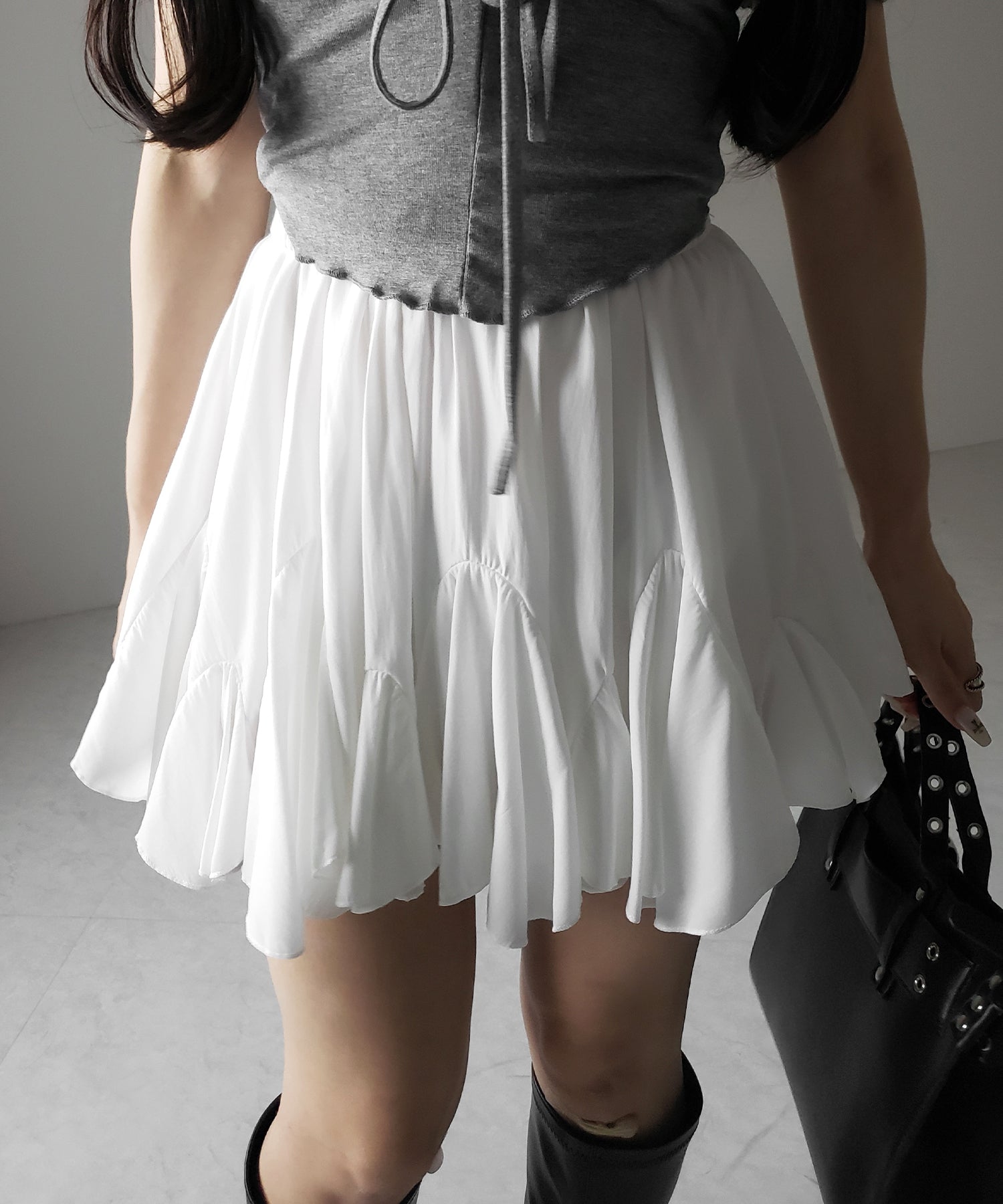 【 2color /インパン裏地付き 】ハイウエストドレープフレアミニスカート / high waist draped flare mini skirt