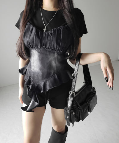 【 2点セット 】ヴィンテージデニムビスチェ & 半袖レイヤードTシャツセット / vintage denim bustier & short sleeve layered T-shirts set