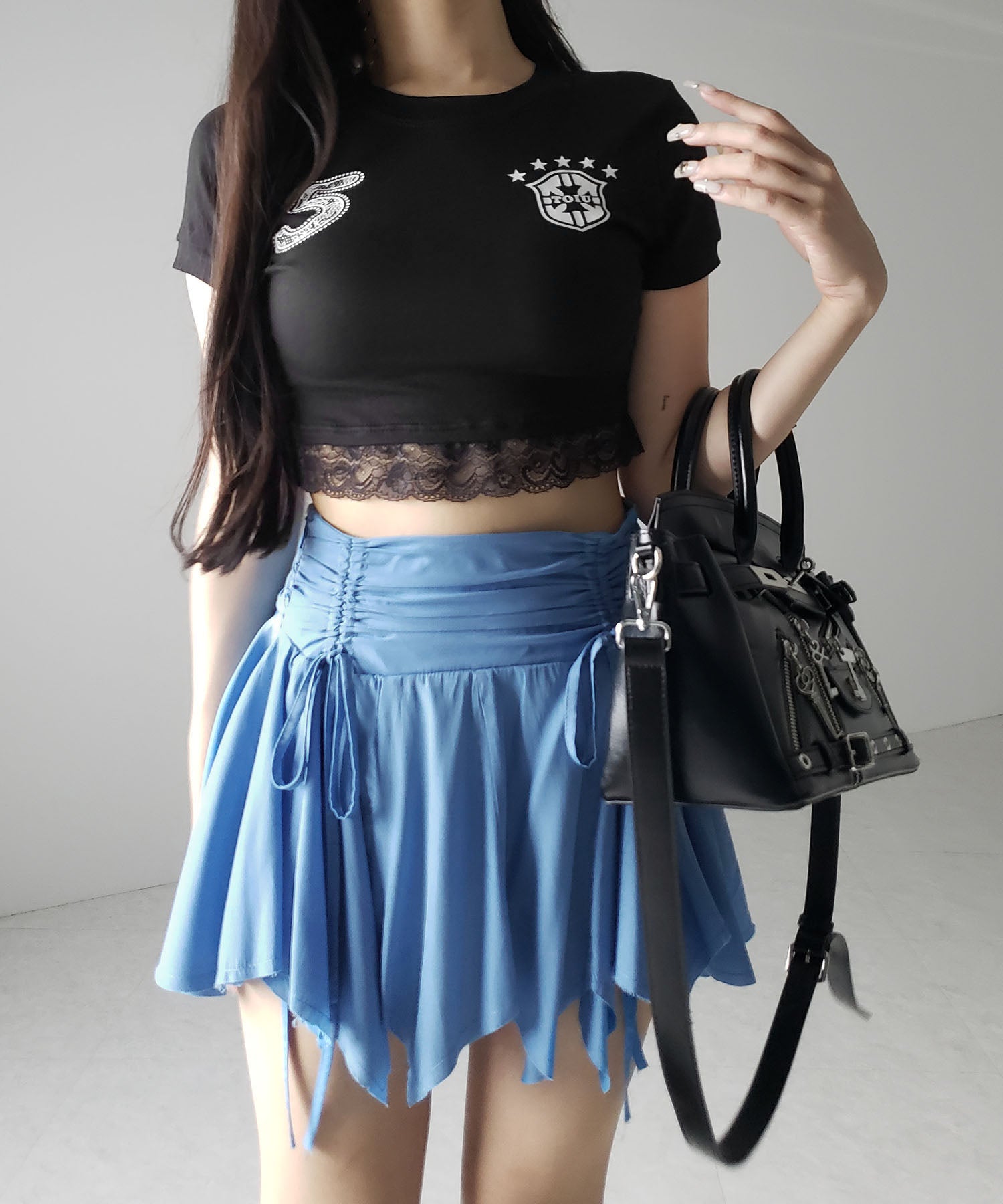 【 2color / 2size 】シャーリングダブルリボンアシンメトリーフリルミニスカート / shirrin double ribbon asymmetry frill mini skirt