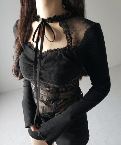 チョーカーネックリボンレーシーカットソートップス / choker neck ribbon lacy cutsaw tops