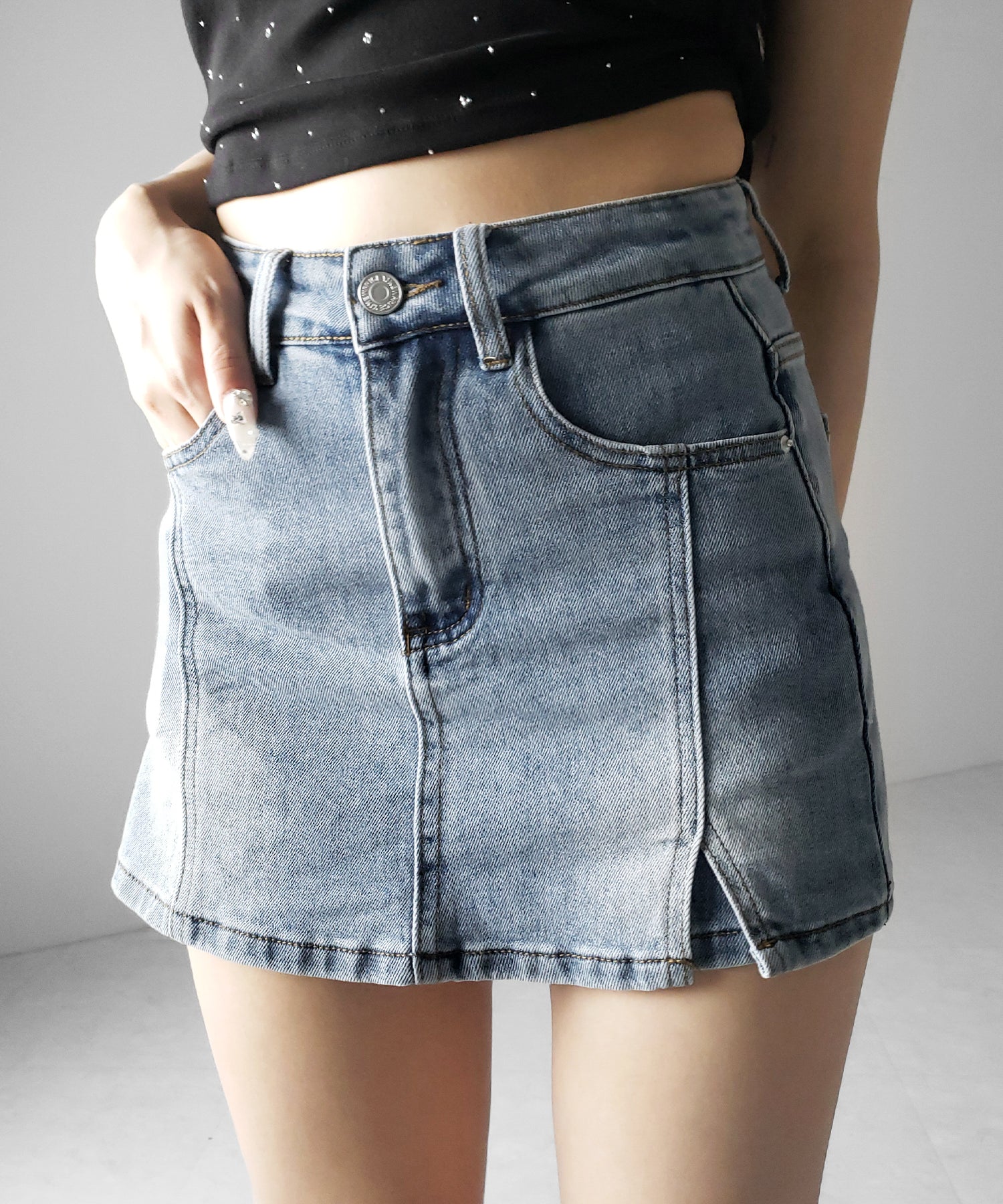 ミニスリットストレッチレイヤードデニムミニスカパン / mini slit stretch layered denim mini skirt pants