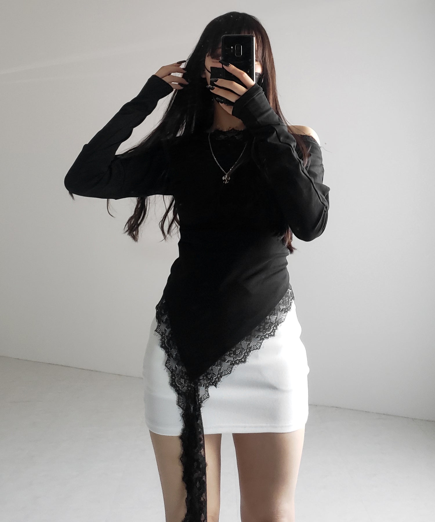 【 2color 】ワンショルダーレースドッキングアシンメトリートップス / one shoulder lace docking asymmetry tops