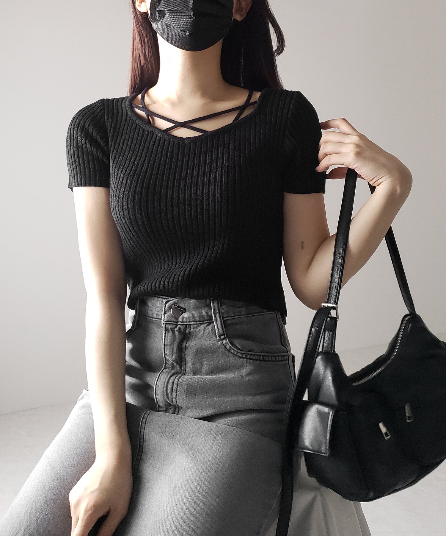 半袖クロスラインストラップデザインリブニット