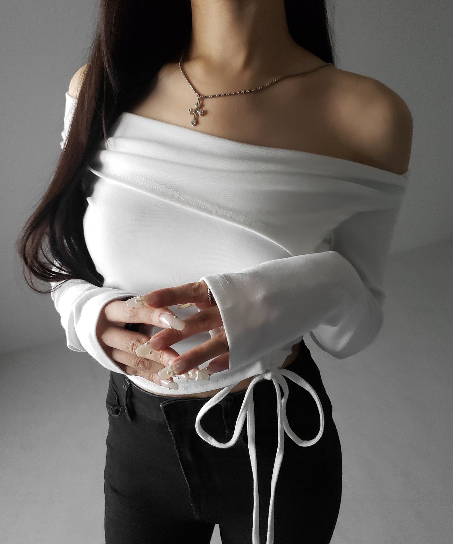 シャーリングリボンショートオフショルカットソートップス / shirring ribbon short off shoulder cutsew tops