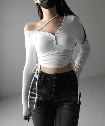 【 2WAY / 裏起毛 】ナナメストラップスナップボタンシャーリングリボントップス / naname strap snap button shirring ribbon tops
