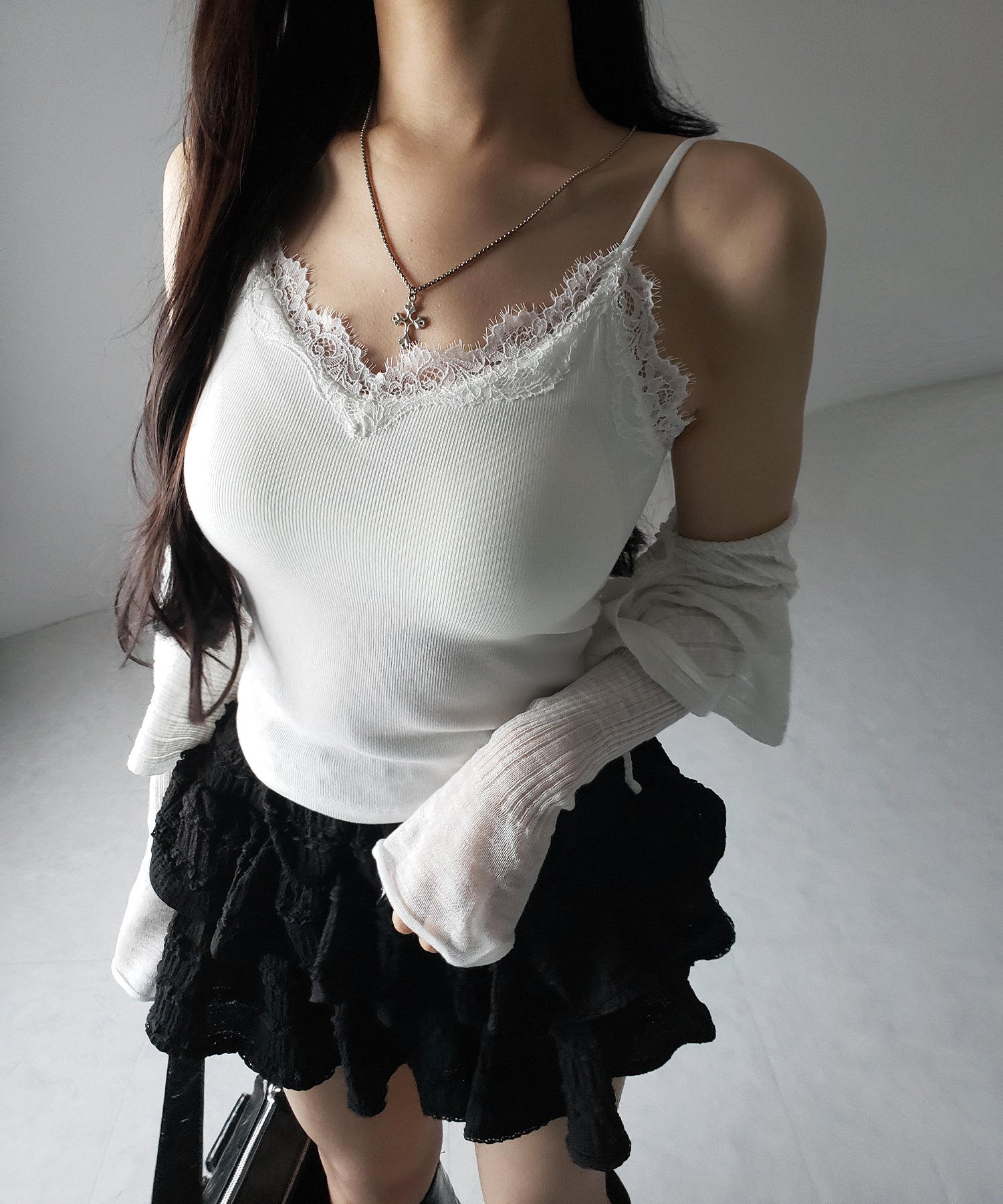 【 カップ付 】レースドッキングリブキャミソール /lace docking ribbed camisole