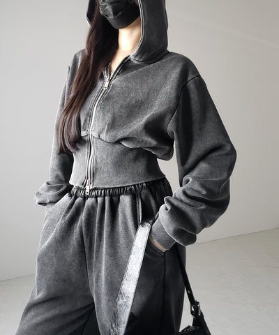 【 セットアップ 】ピグメントヴィンテージショートパーカー + ワイドパンツ SET / pigment vintage short hoodie + wide pants SET