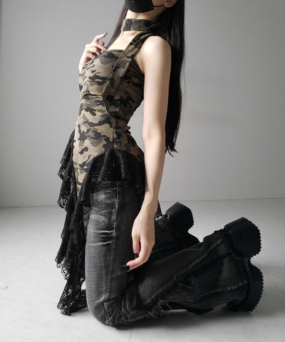 チョーカーロングタイ付き ヴィンテージカモフラレースフリルベアトップス / ( choker long tie SET ) vintage camouflage lace frill bare tops