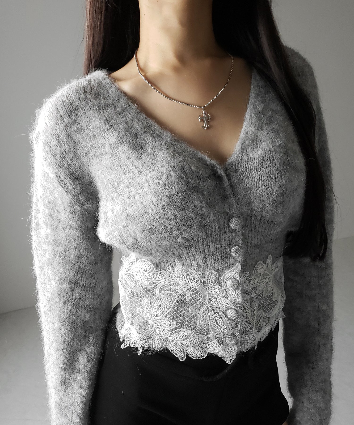 レースドッキングモヘアライクニットカーディガン / Lace docking mohair-like knit cardigan