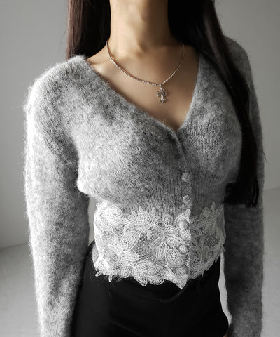 レースドッキングモヘアライクニットカーディガン / Lace docking mohair-like knit cardigan