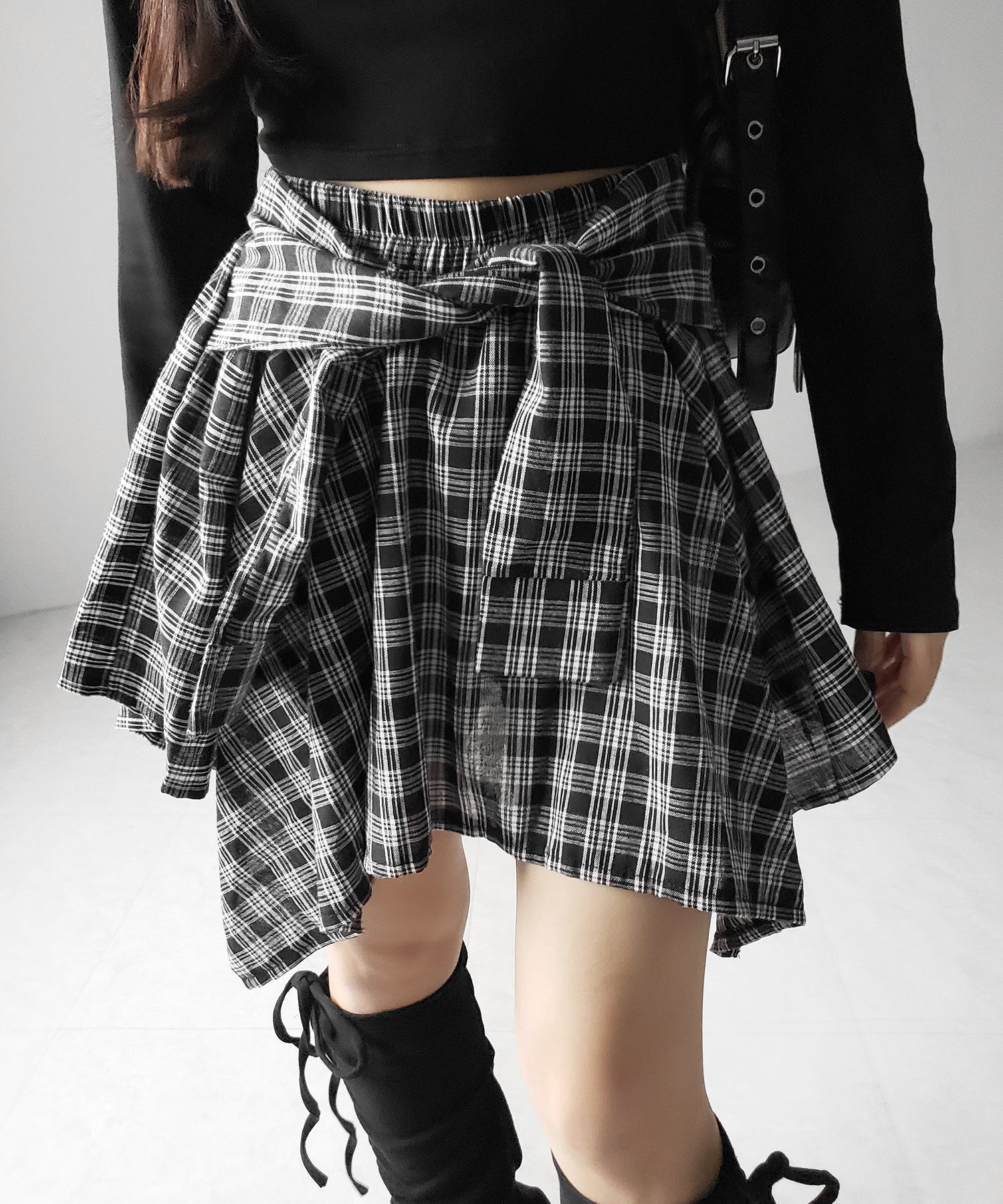 【 選べる2素材/インナーパンツ裏地付 】シャツレイヤードチェックミニスカート / shirt layered check mini skirt