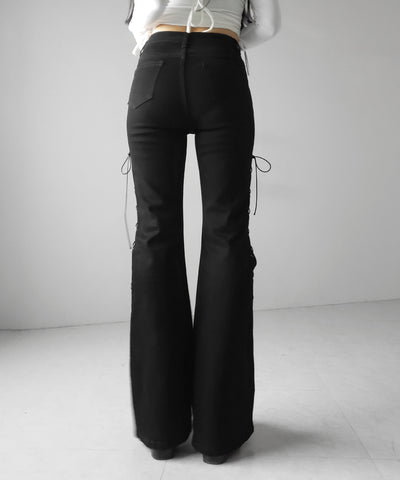 レースアップカットアウトストレッチフレアデニム / lace up cutout stretch flare denim