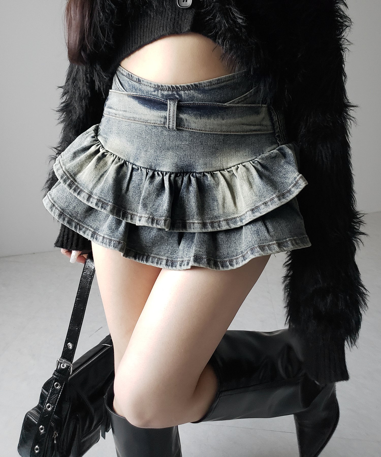 【 2color 】ベルテッドフリルヴィンテージデニムミニスカパン / Belted frill vintage denim mini skirt pants