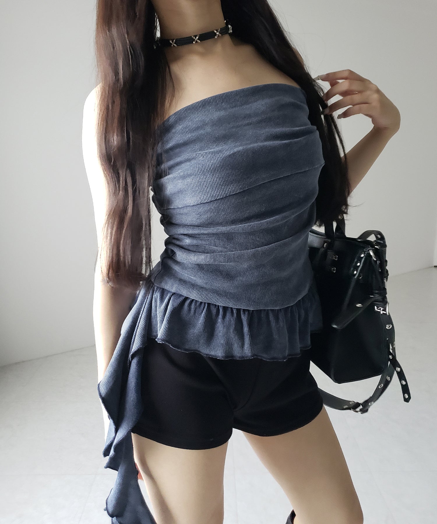 【 2color 】ヴィンテージピグメントフリルベアトップス / vintage pigment frill bare tops