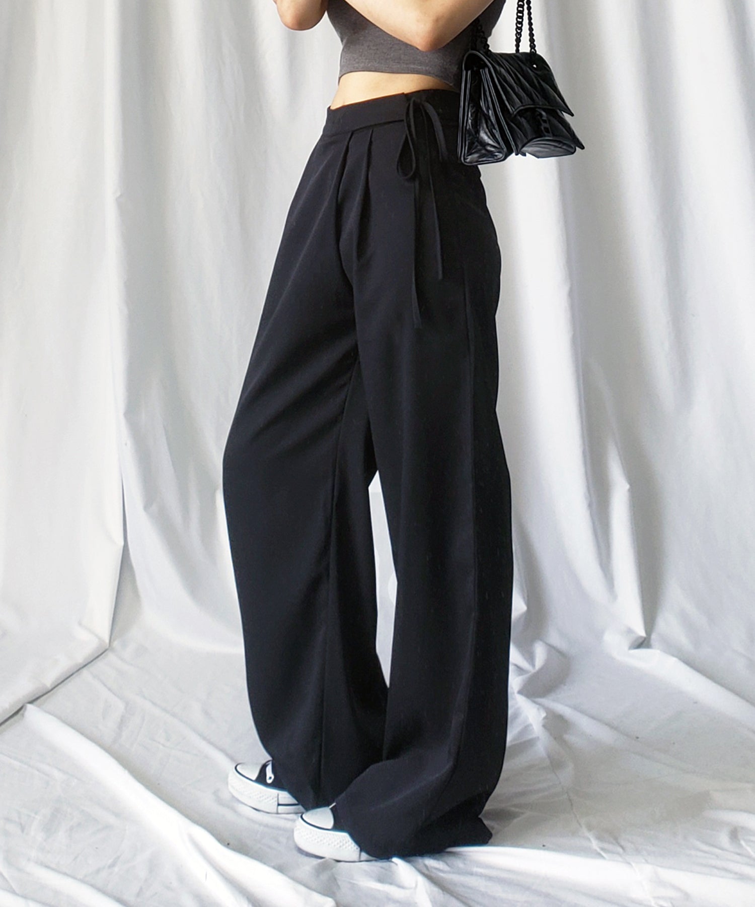 【 3color / 3size 】華奢サイドリボンツータックスラックス