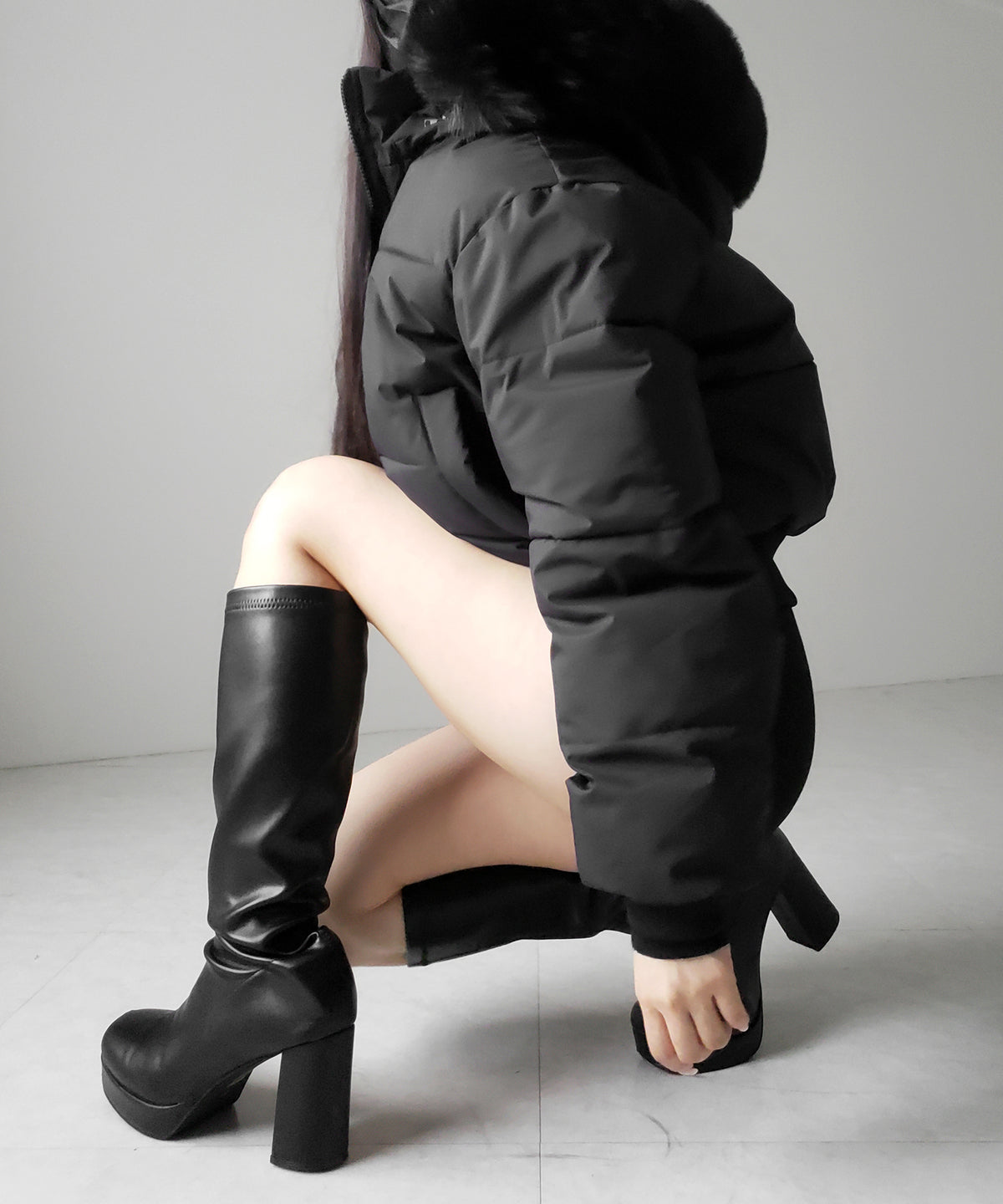 【 フード取り外し可能2WAY 】フェイクファーフードショート中綿ジャケット / 2WAY fake fur hoodie short fake down jacket
