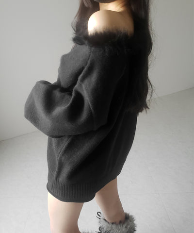【 ニットセットアップ 】フェイクファーワンショルオーバーニット + ニットショートパンツ SET / fake fur one-shoulder over knit + knit short pants SET