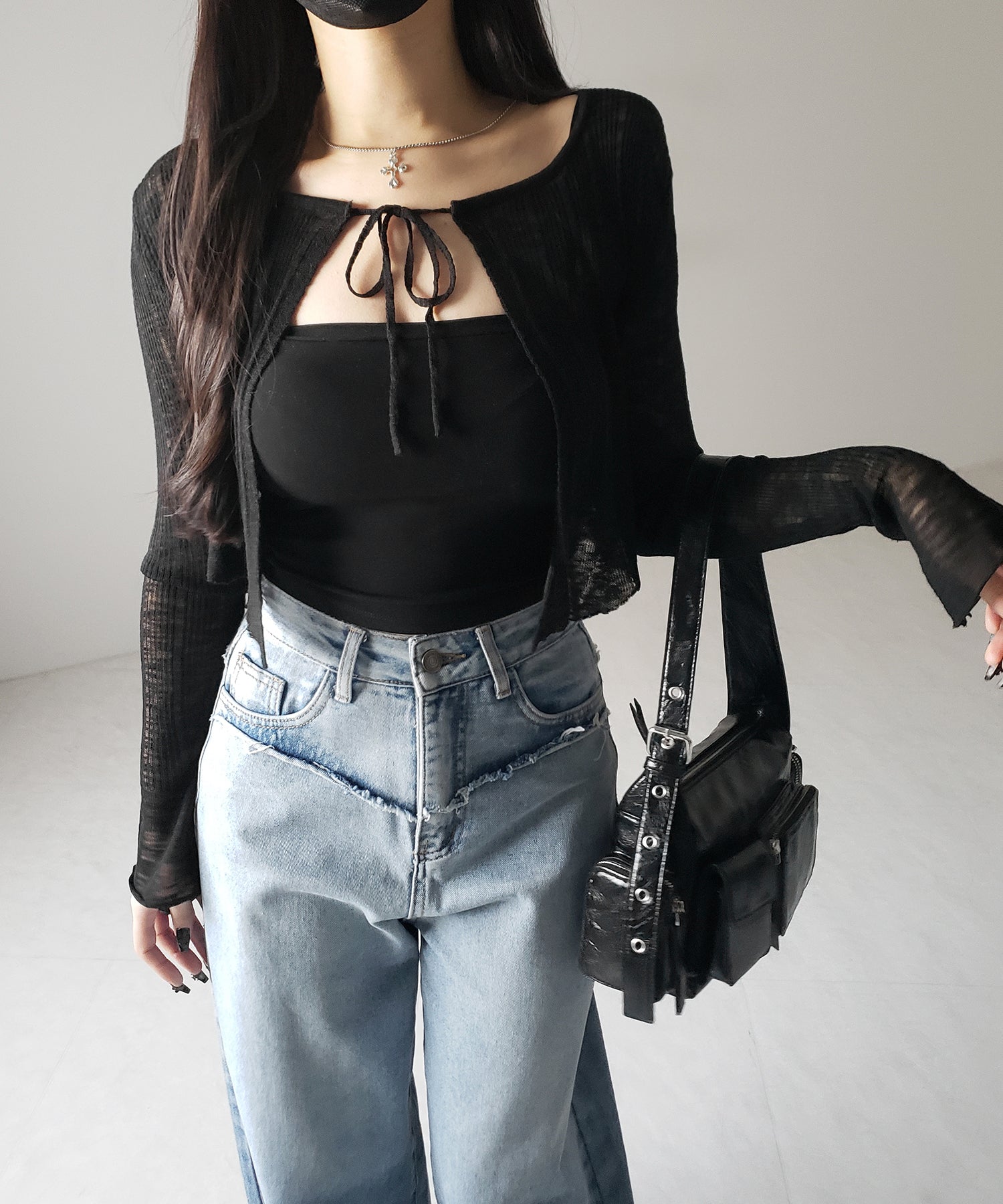 【 2color 】フロントリボンシアーニットショートカーディガン / front ribbon sheer knit short cardigan