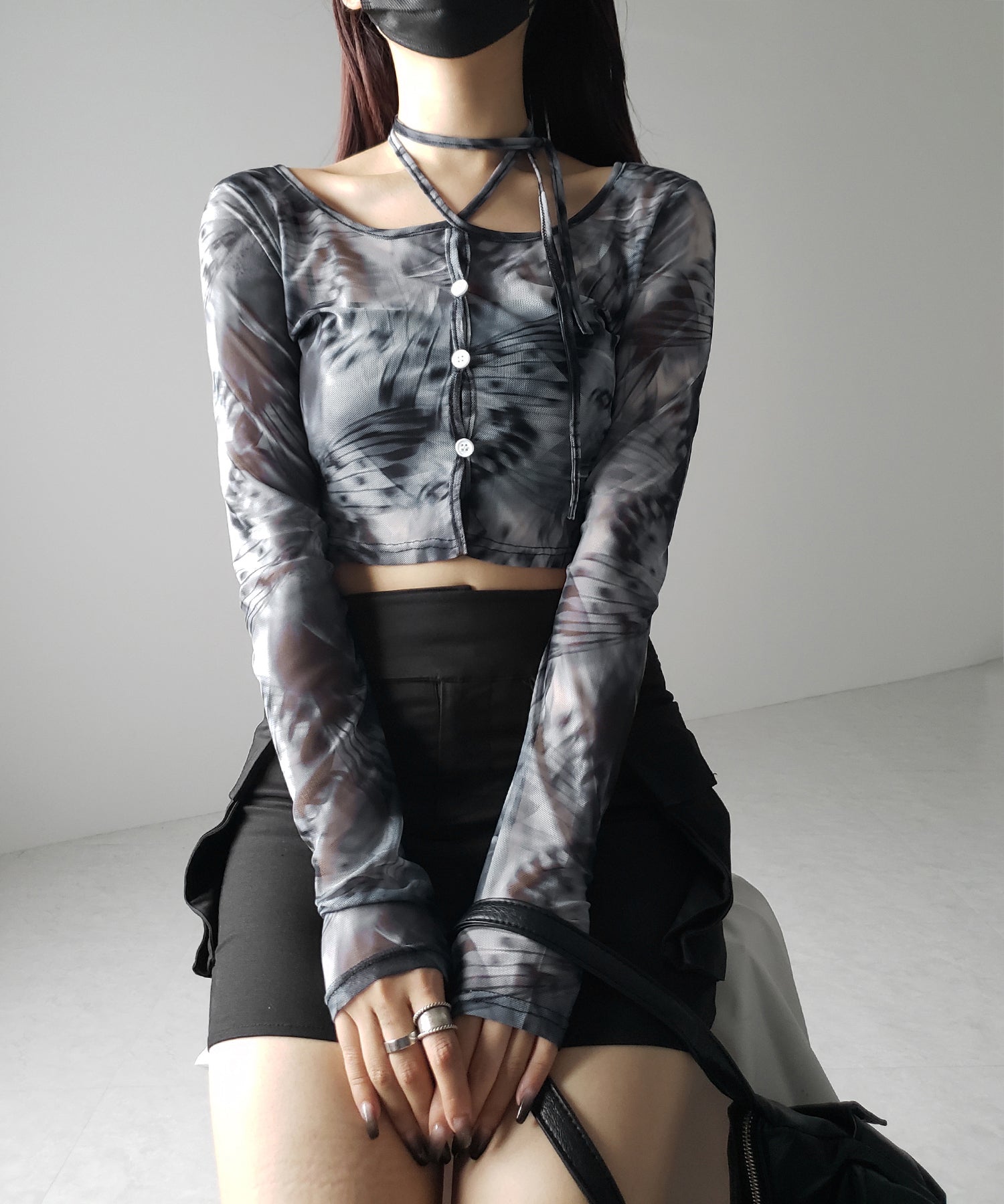 【 3color / 2WAY 】クロスストラップリボンシアーショートカーディガン / cross strap ribbon sheer short cardigan