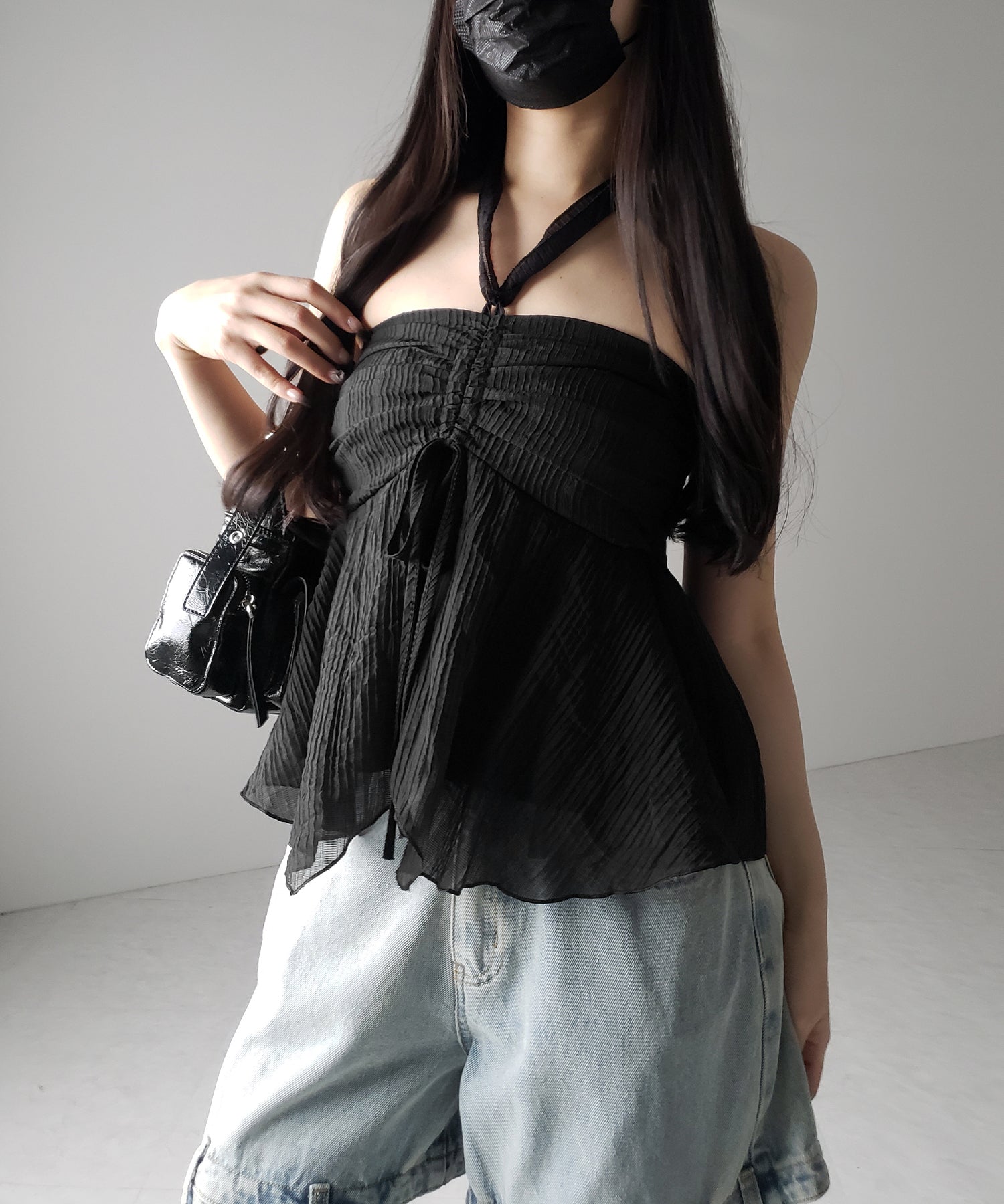 【 チョーカータイ付 】シャーリングリボンペプラムシフォンビスチェトップス / choker tie set shirring ribbon peplum chiffon bustier tops