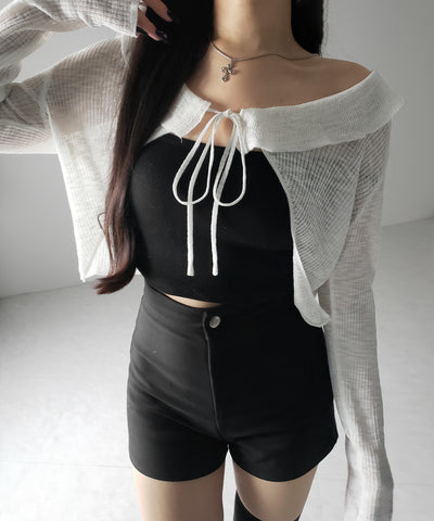 【 2color 】襟付きフロントリボンシアーニットショートカーディガン / collar front ribbon sheer knit short cardigan