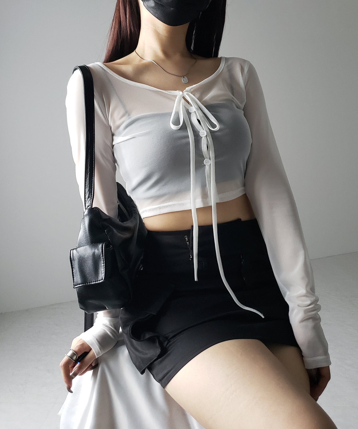 【 3color / 2WAY 】クロスストラップリボンシアーショートカーディガン / cross strap ribbon sheer short cardigan