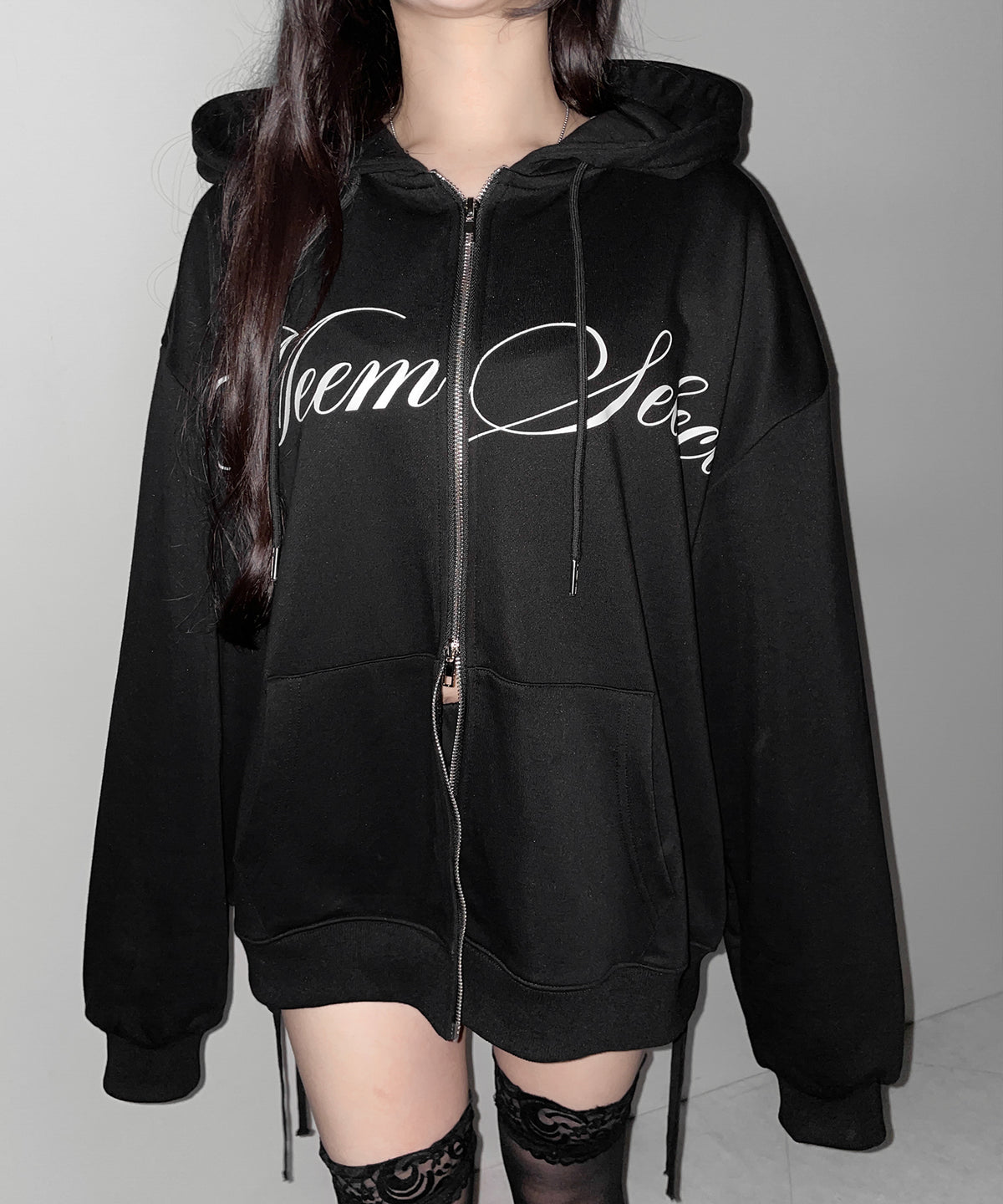 【 セットアップ可能 】レタリングロゴプリントダブルジップビッグパーカー / lettering logo print double zip BIG hoodie