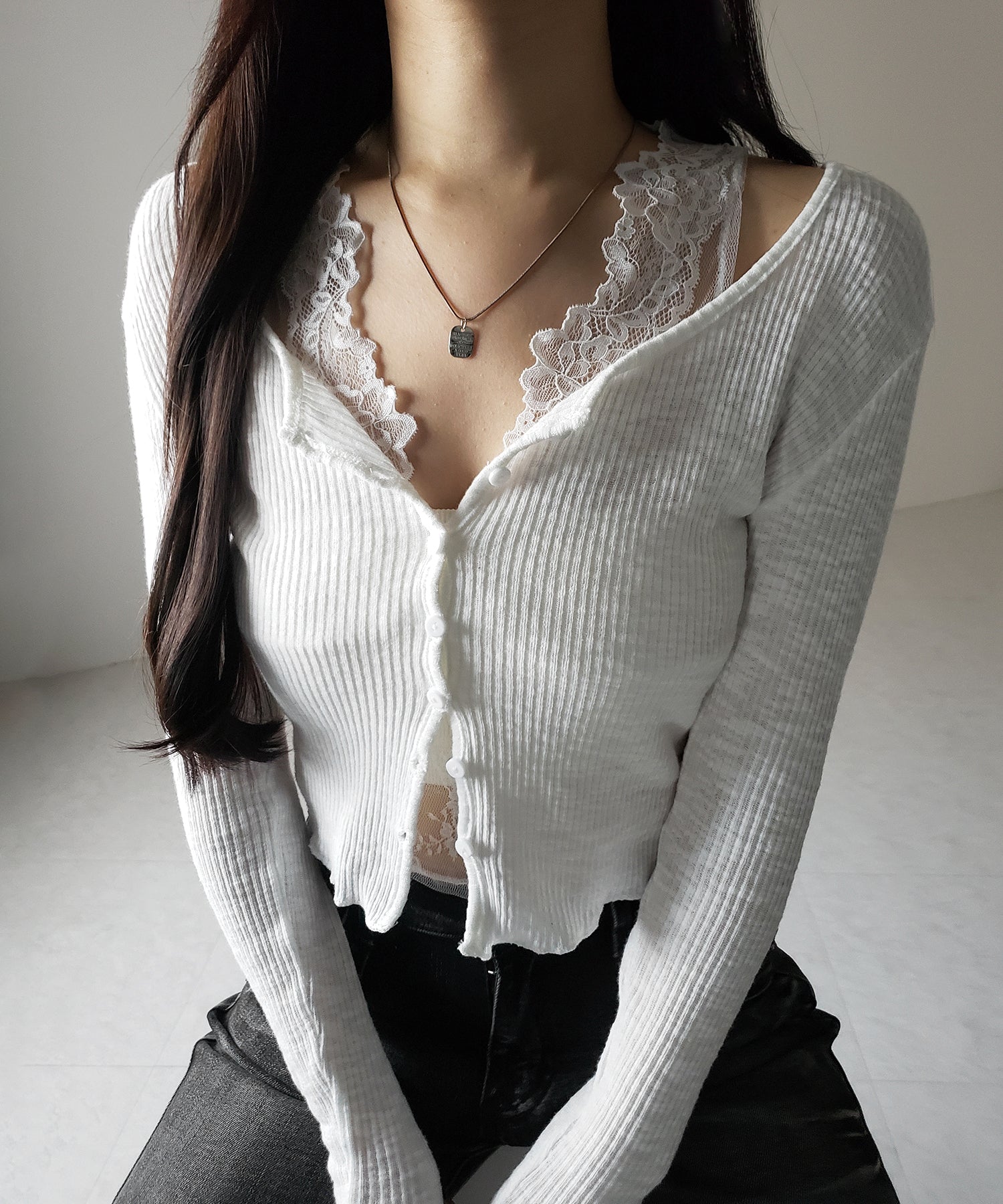 【 2点セット 】レイヤードレースシアーリブカットソーカーディガン / layered lace sheer rib cut and sew cardigan