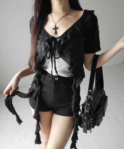 ダメージフリル半袖ショートリボンカーディガン / damage frill short sleeve short ribbon cardigan