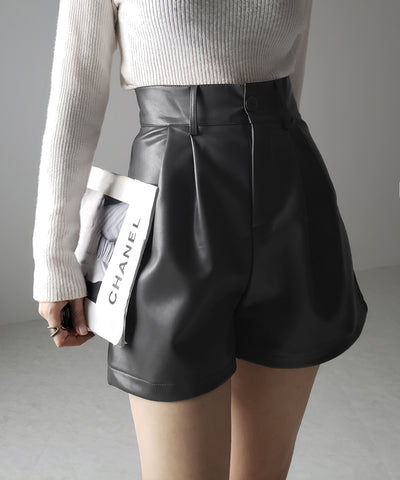 【 3color / 5size 】太ベルトハイウエストタックレザーショートパンツ