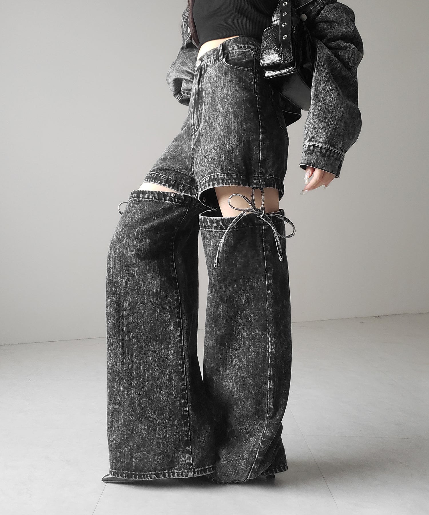 【 セットアップ着用可能 】2WAYヴィンテージケミカルブリーチカットアウトリボンデニム / 2WAY vintage chemical bleach cutout ribbon denim