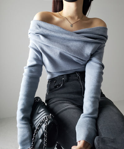 タックデザインドレープオフショルダーリブニット