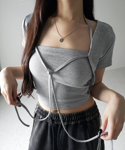 【 2点セット 】フロントリボンショートカーディガン+ ホルターキャミソール SET / front ribbon short cardigan + halter camisole SET