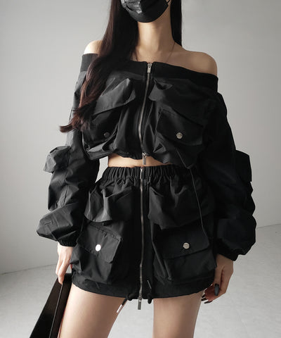 【 セットアップ 】アウトポケットオフショルカーゴブルゾン & ダブルジップカーゴミニスカート SET / out pocket off shoulder cargo blouson & double zip cargo mini skirt SET