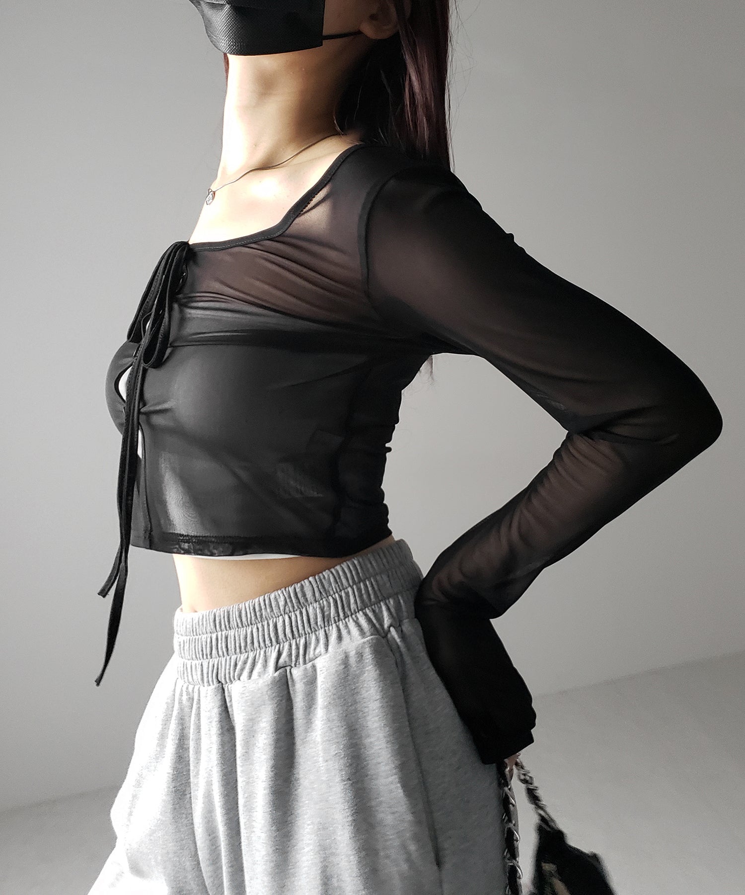 【 3color / 2WAY 】クロスストラップリボンシアーショートカーディガン / cross strap ribbon sheer short cardigan