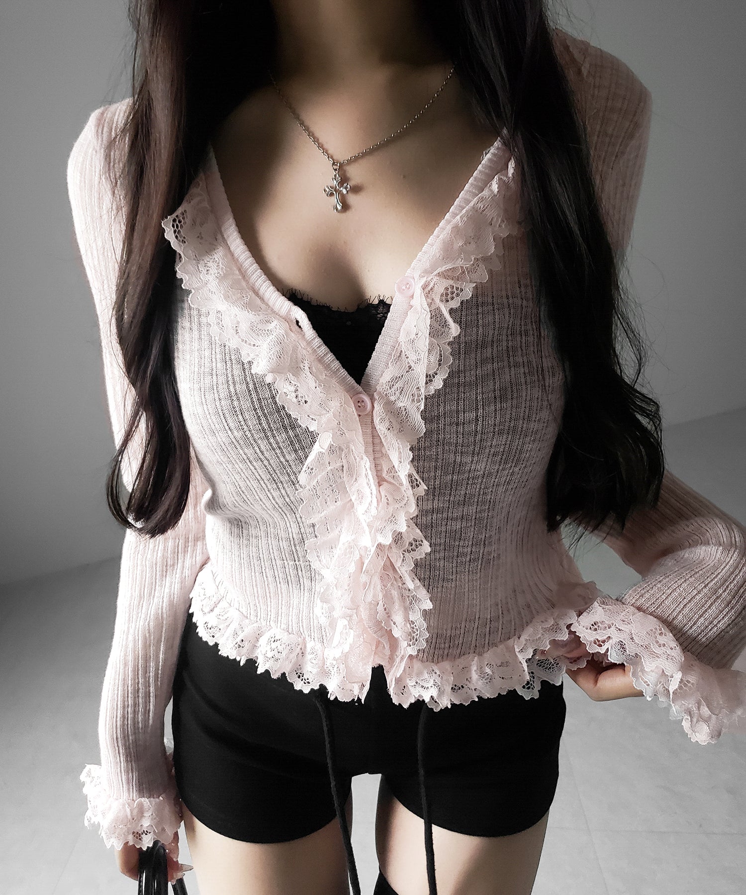 レースフリルシアーニットカーディガン / lace frill sheer knit cardigan