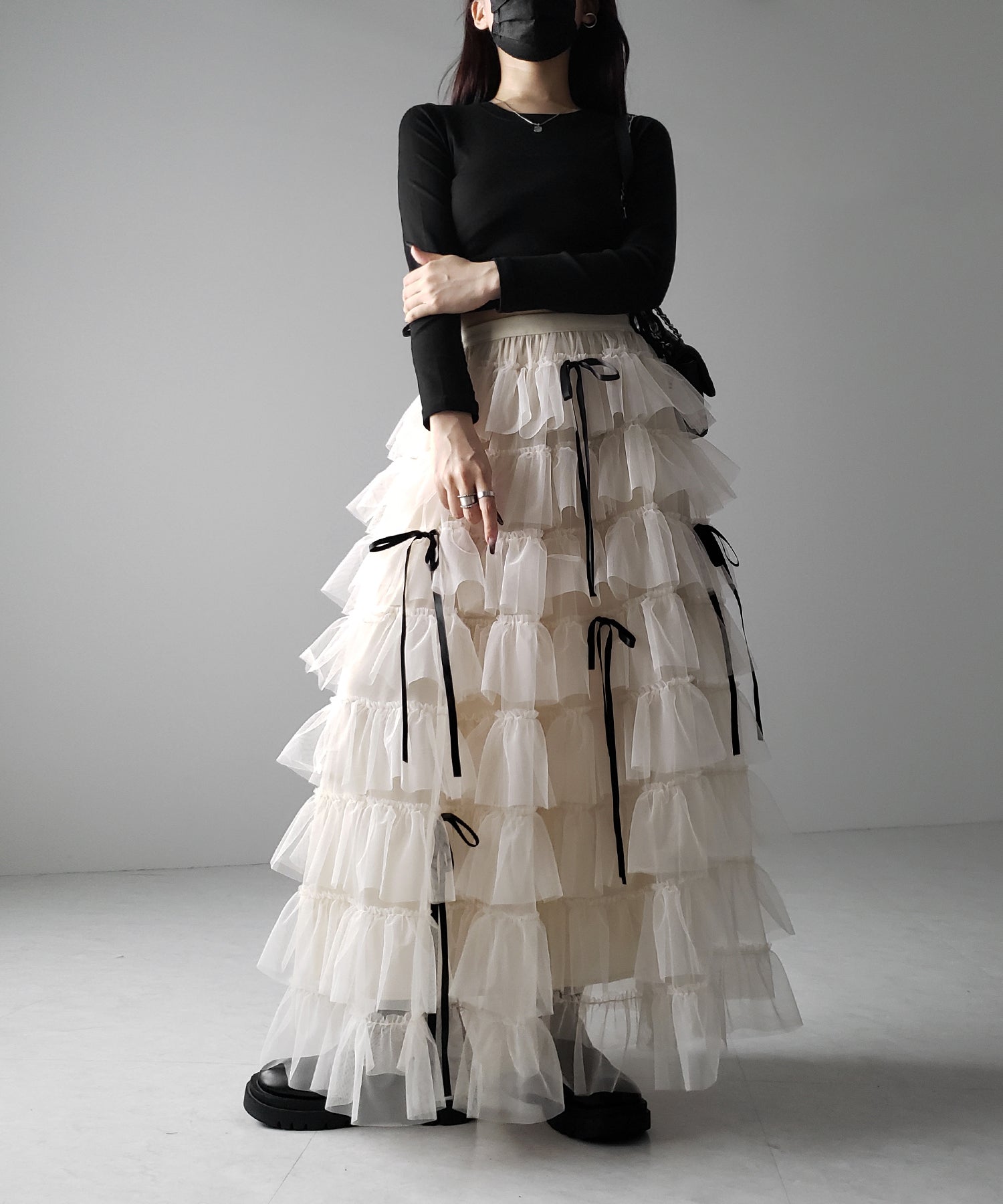 【 4color 】ストラップリボンバレエコアチュールスカート /strap ribbon ballet core tulle skirt