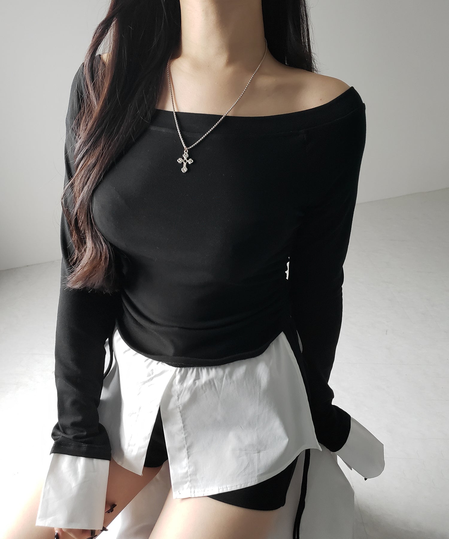 【 2WAY 】シャツドッキングサイドリボンワンショルトップス /shirt docking side ribbon oneshoulder tops